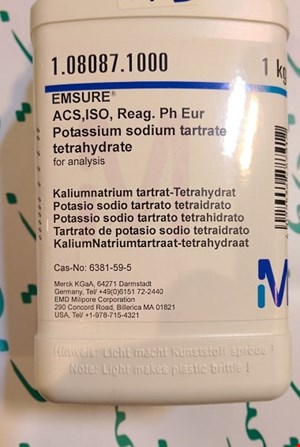 پتاسیم سدیم تارتارات 4آبه (نمک راشل) مرک آلمان  108087, Potassium sodium tartrate tetrahydrate (for analysis EMSURE® ACS,ISO,Reag. Ph Eur CAS 6381-59-5, pH 7.0 - 8.5 (50 g/l, H₂O, 25 °C    