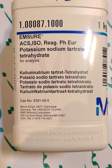پتاسیم سدیم تارتارات 4آبه (نمک راشل) مرک آلمان  108087, Potassium sodium tartrate tetrahydrate (for analysis EMSURE® ACS,ISO,Reag. Ph Eur CAS 6381-59-5, pH 7.0 - 8.5 (50 g/l, H₂O, 25 °C    